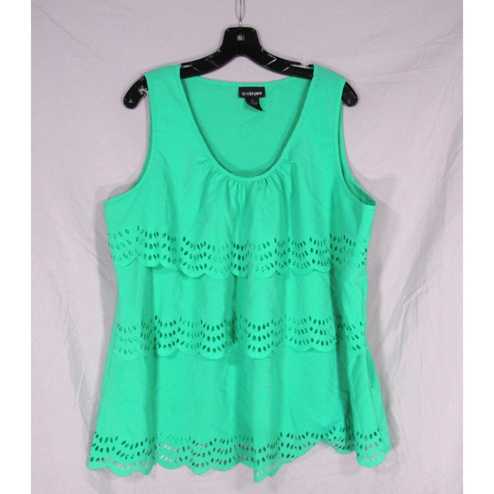 LANE BRYANT Green SATIN Sleeveless EYELET RUFFLES LAYERES Blouse/Tank Top Sz 20